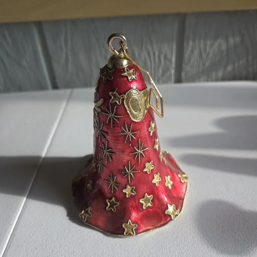 Elegant Red Gold Star Cloisonne Bell Christmas Ornament Handcrafted Vintage